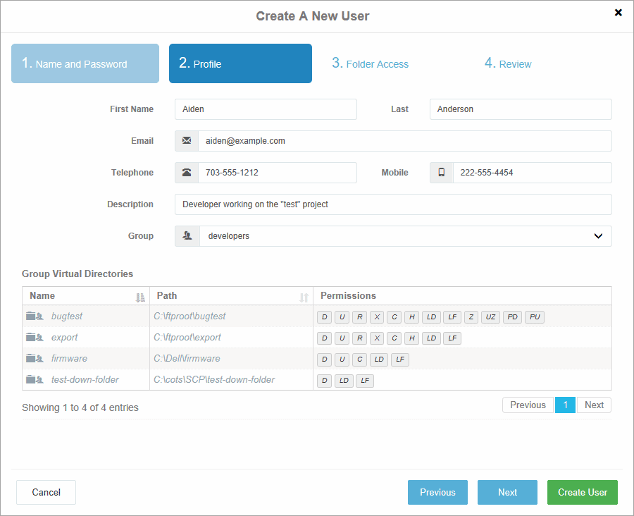 The Profile step of the New User Control