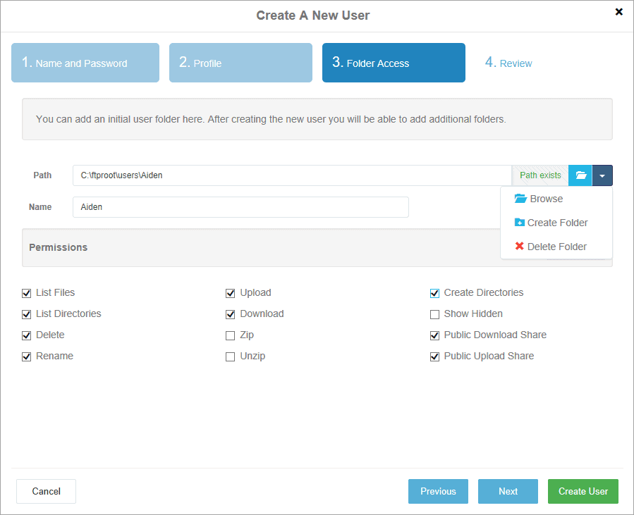 The Folder Access step for the New User Control