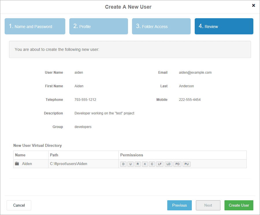 The Review step of the New User Control