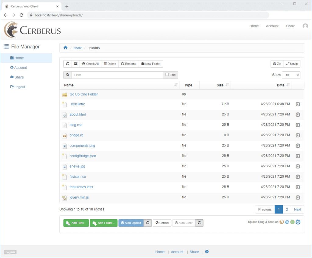 Existing Folder in Cerberus FTP Server Web Client