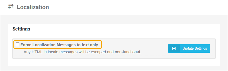 Cerberus FTP Server Localization Page Settings for the "Force Localization Message to test only" option.
