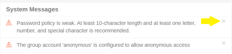 System Message Acknowledgement Button Image of a system message warning, highlighting the "close" button.