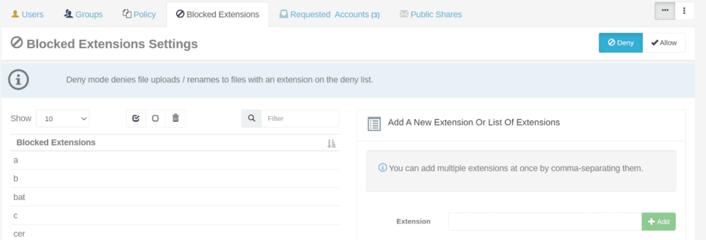 Blocked Extensions Settings Panel