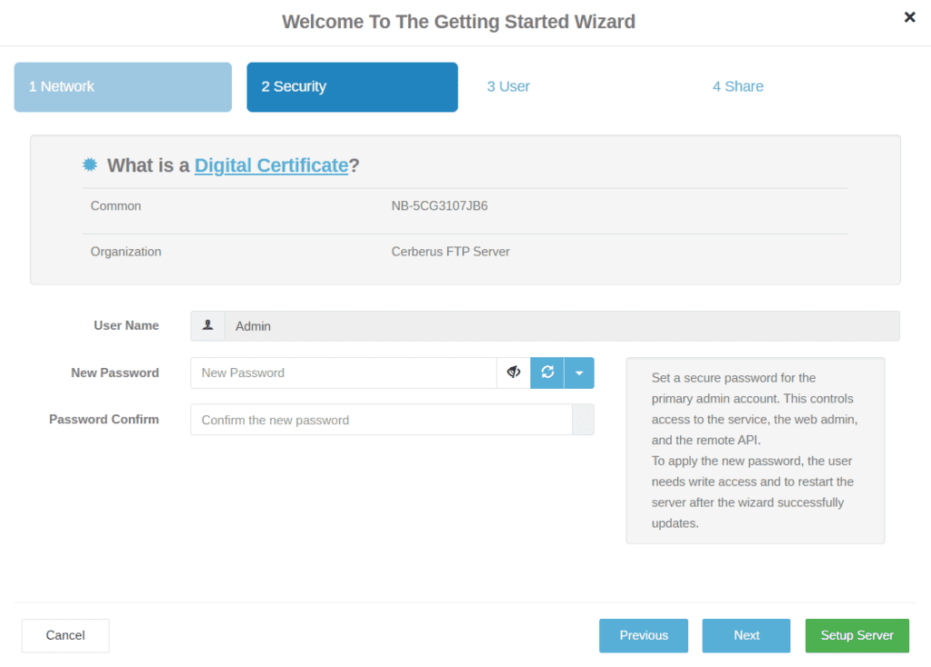 Cerberus FTP Server Getting Started Wizard security setup screen