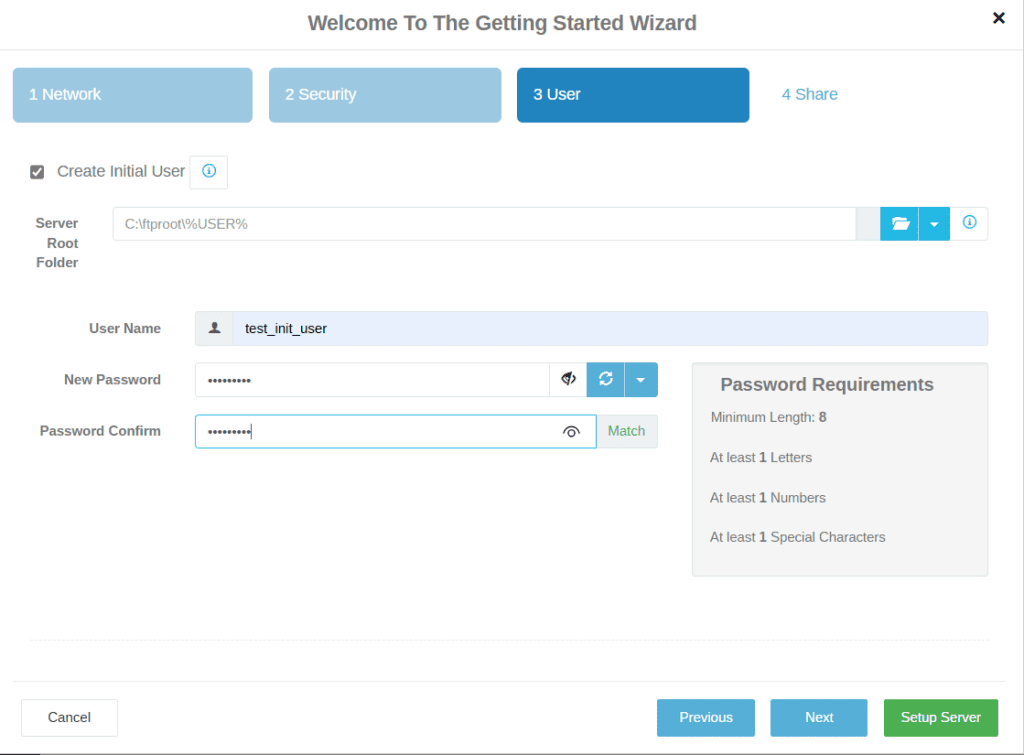 Cerberus FTP Server Getting Started Wizard user setup screen