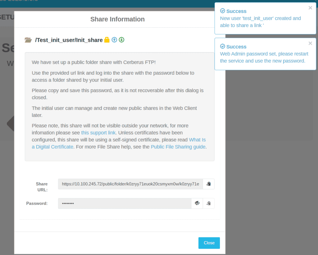 Cerberus FTP Server Getting Started Wizard initial share user screen
