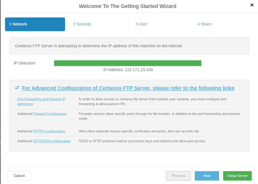 Cerberus FTP Server Getting Started Wizard network setup screen